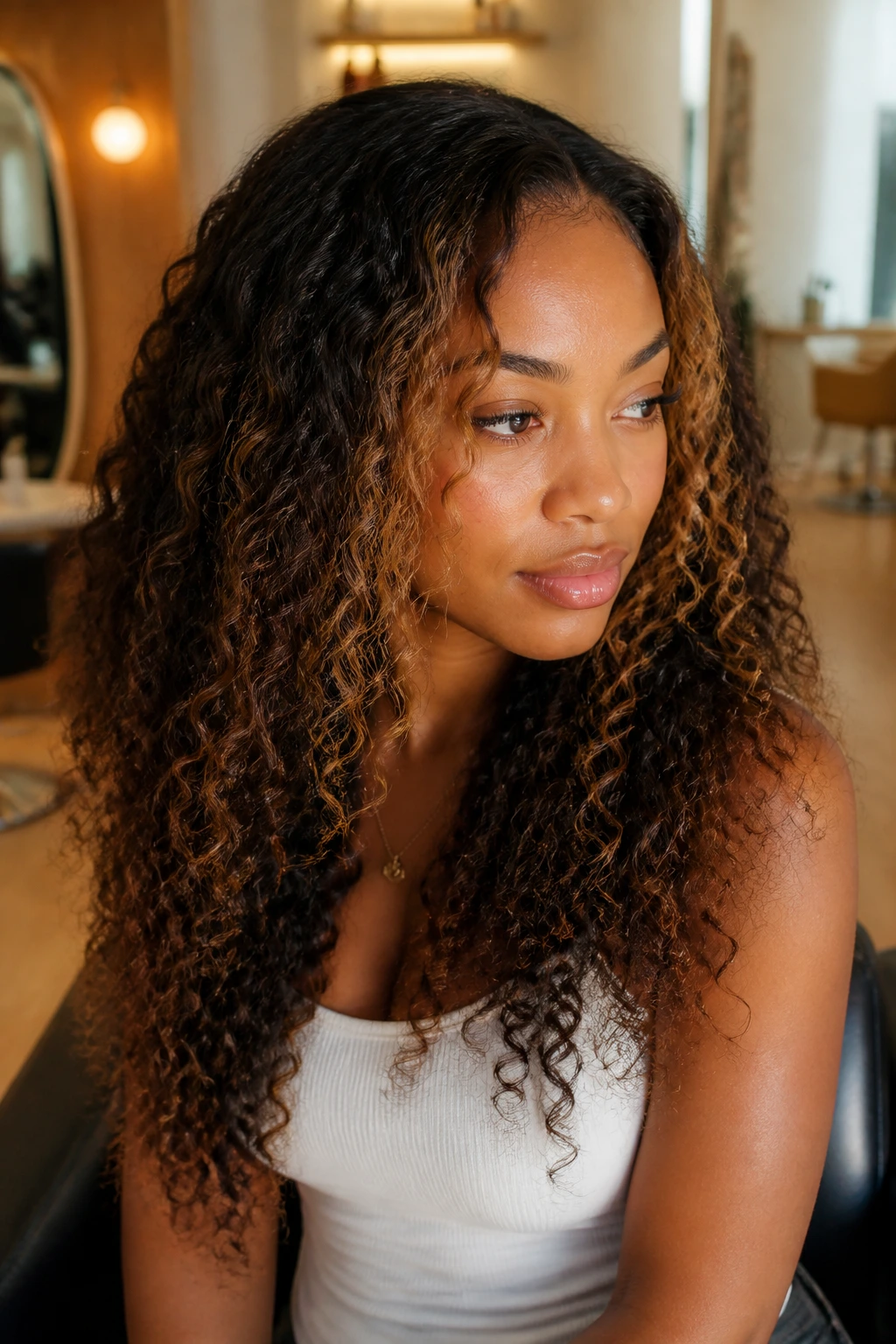 Real woman with curly sew-in and caramel face frame