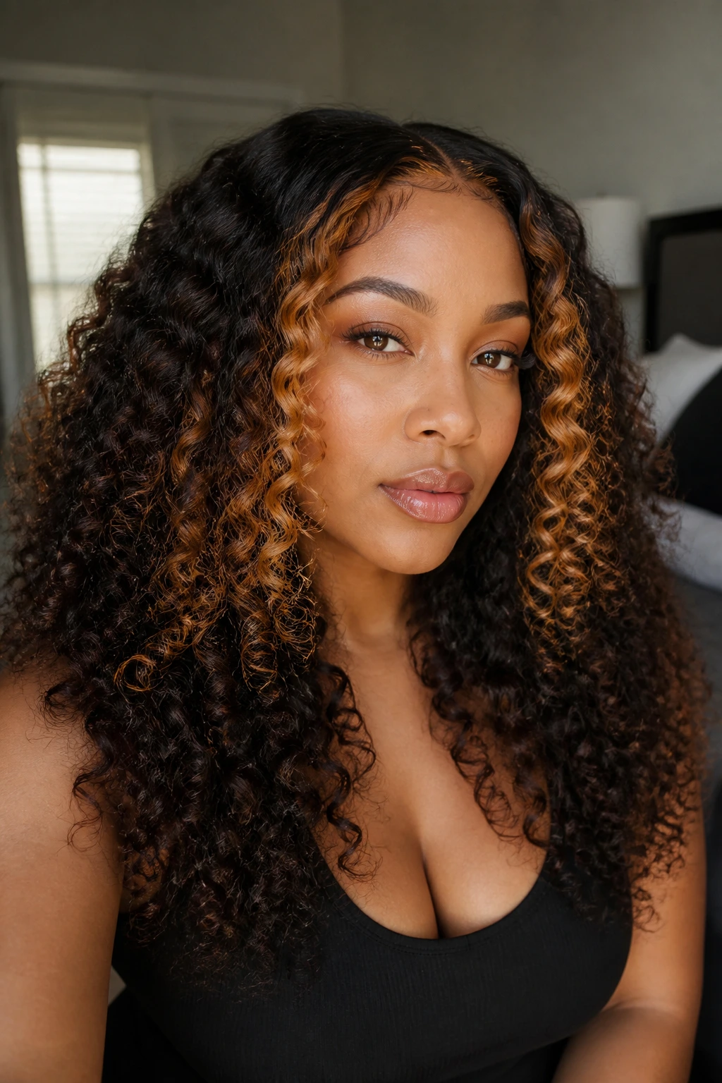 Close-up portrait of a real woman with curly sew-in and caramel money pieces framing her face.