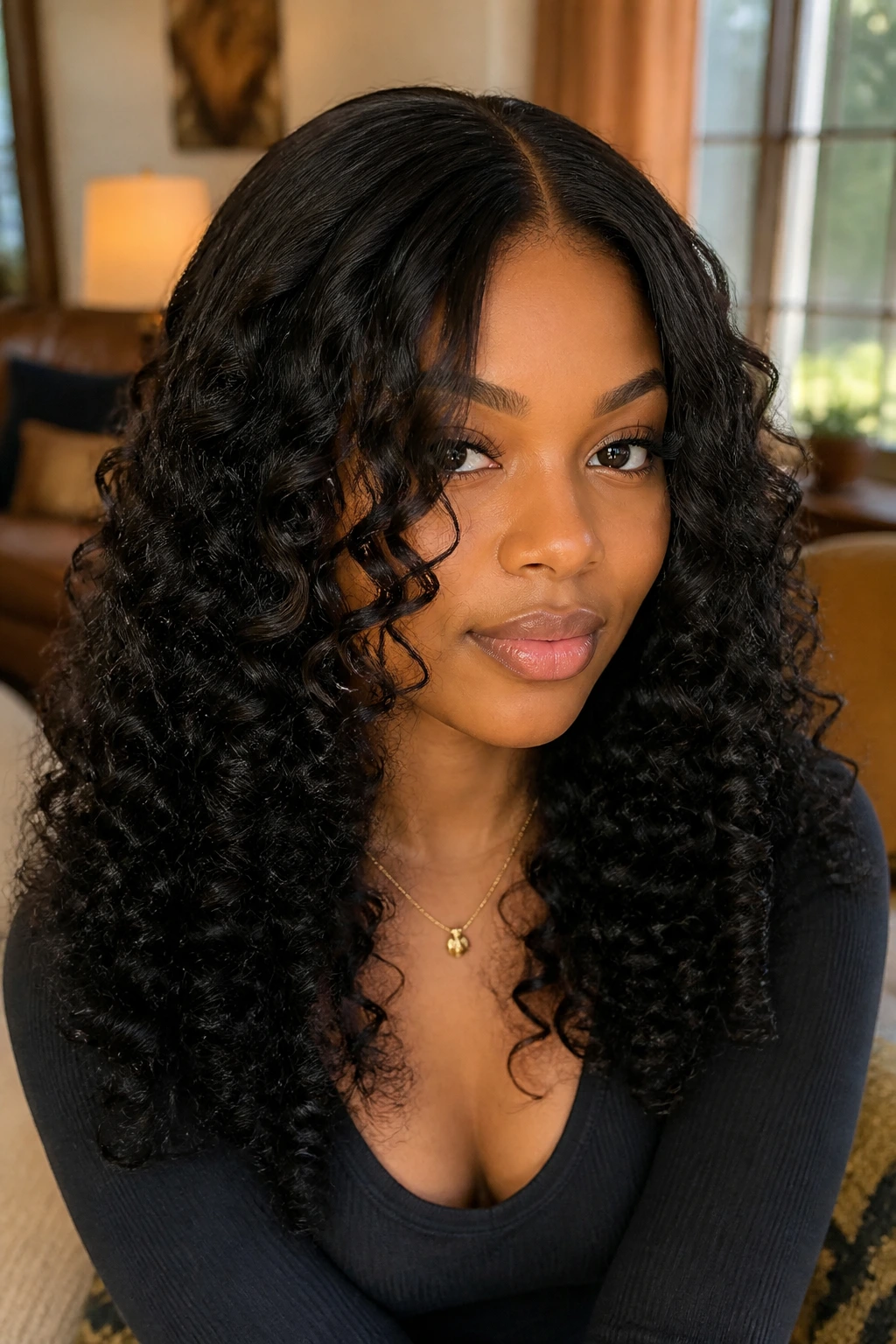 Close-up of a Black woman with curly sew-in and face-framing layers