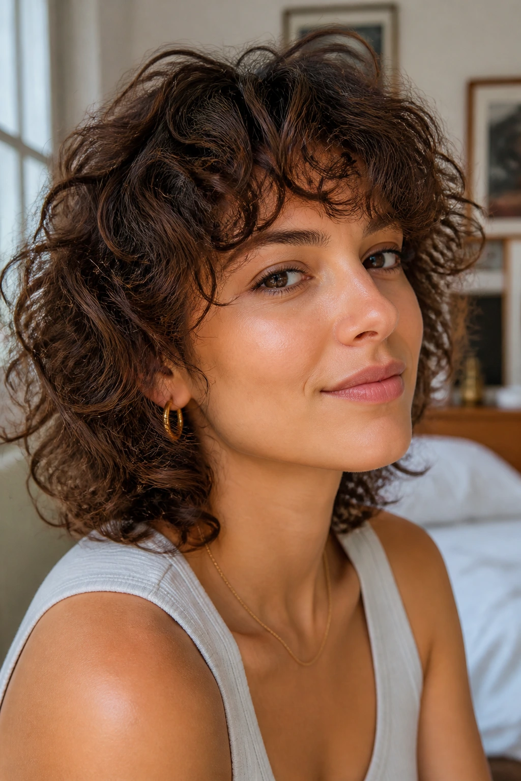 Real woman with curly shag in a relaxed home setting
