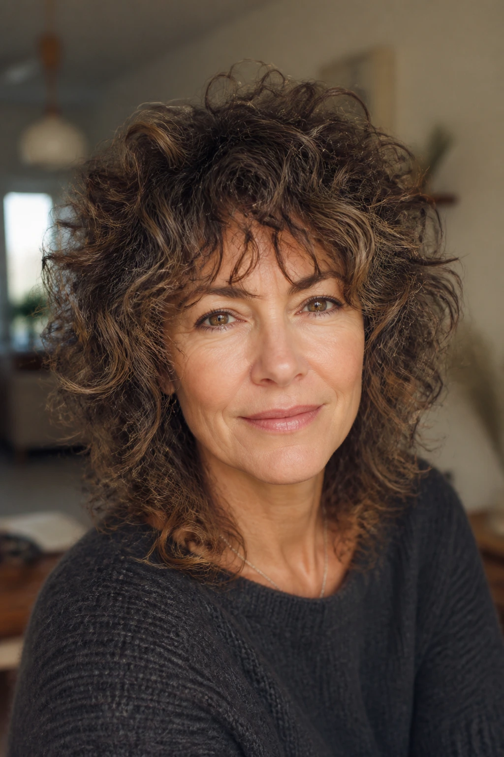 Close-up of a woman with a curly shag hairstyle stacking curls