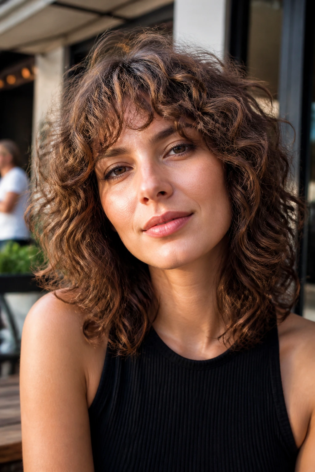 Portrait of woman with curly shag and airy fringe