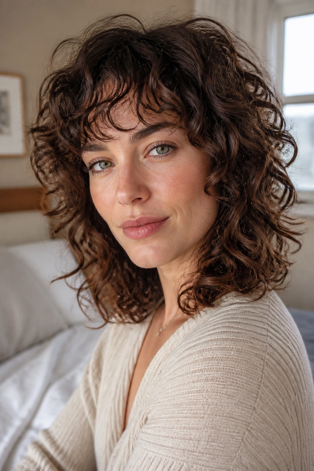 Close-up of a real woman showing Curly Shag with Airy Fringe in natural window light