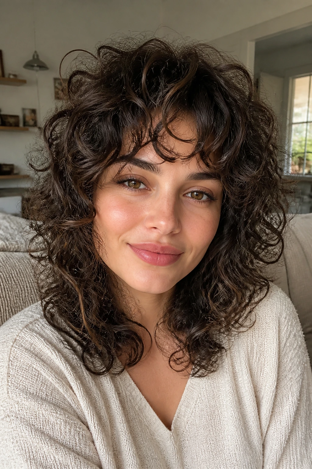 Real woman with curly shag and airy fringe portrait
