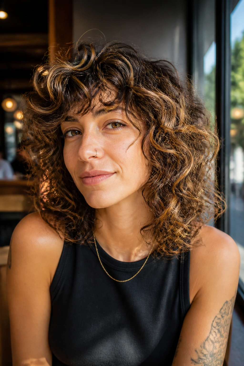 Close-up of a real person showing curly shag with babylights harmony