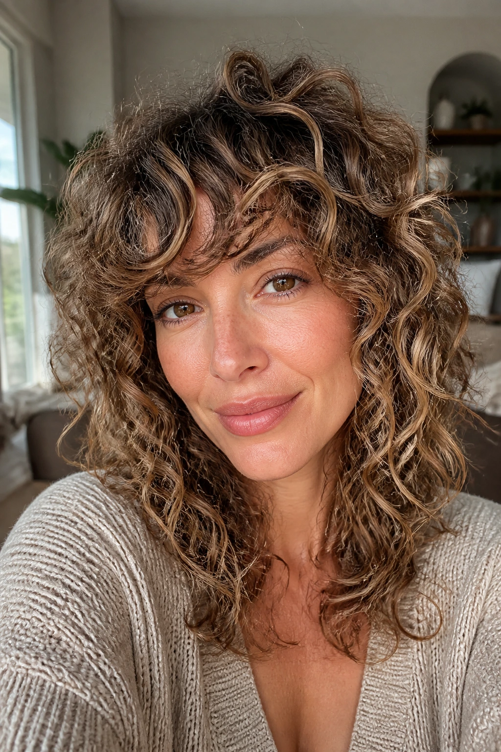 Close-up of a real woman with curly shag and babylights showing crown lift and curl movement