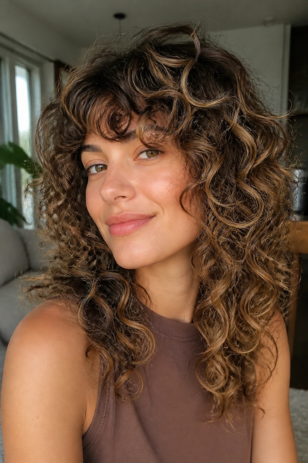 Portrait of a person with a defined curly shag and babylights.