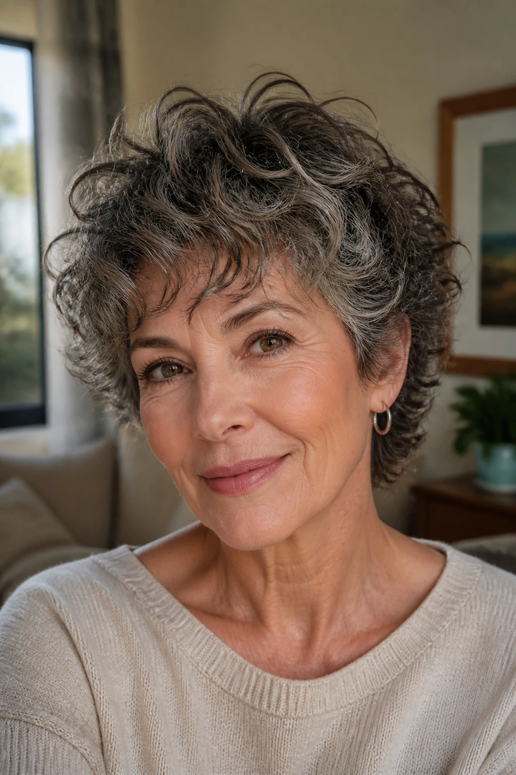 Portrait of woman with curly shag bixie hairstyle in warm indoor setting
