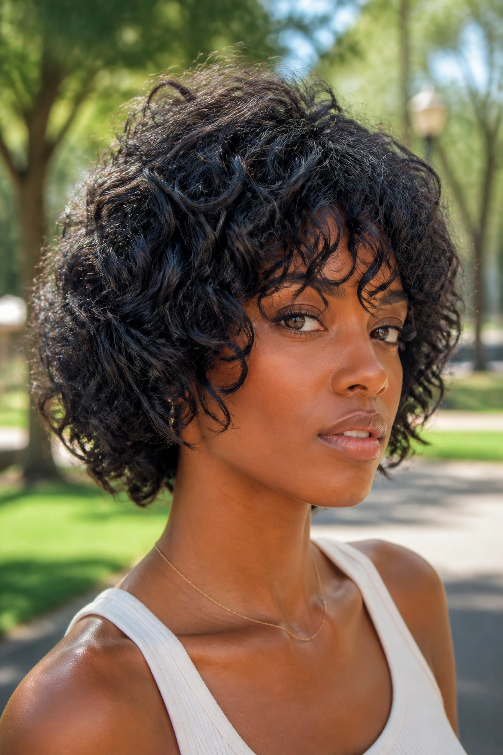 Real woman with curly shag bob outdoors in sunlit park