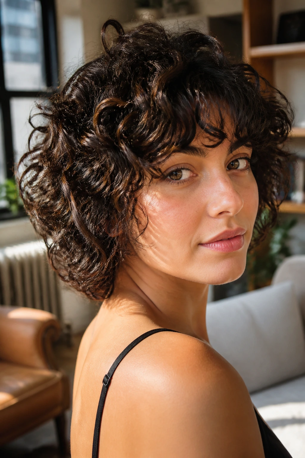 Real woman with curly shag bob in sunlit apartment.