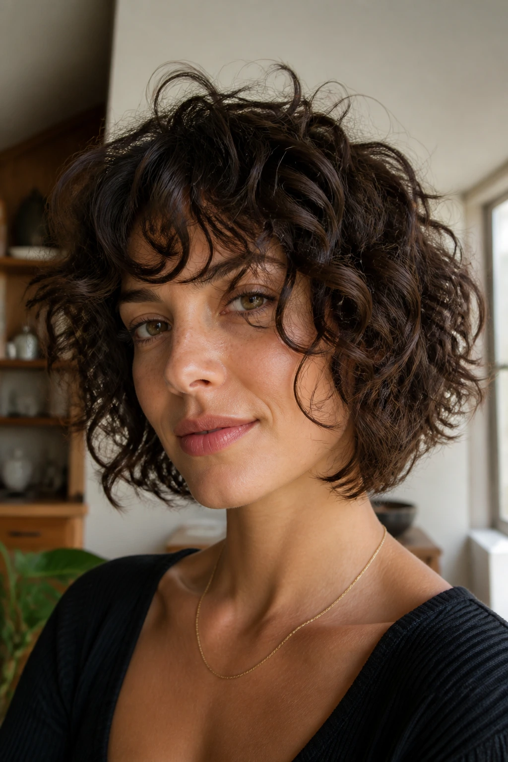 Close-up portrait of a real woman with curly shag bob featuring face-framing layers.