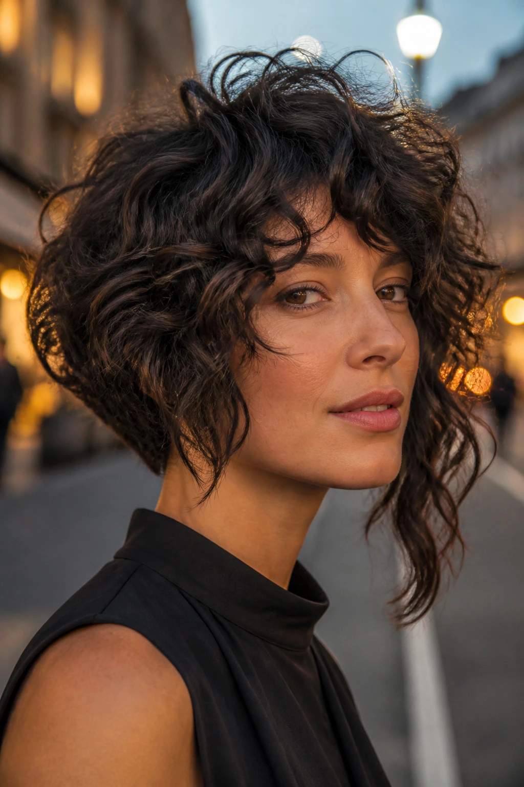 Real person with curly shag-bob hybrid hairstyle in urban evening light