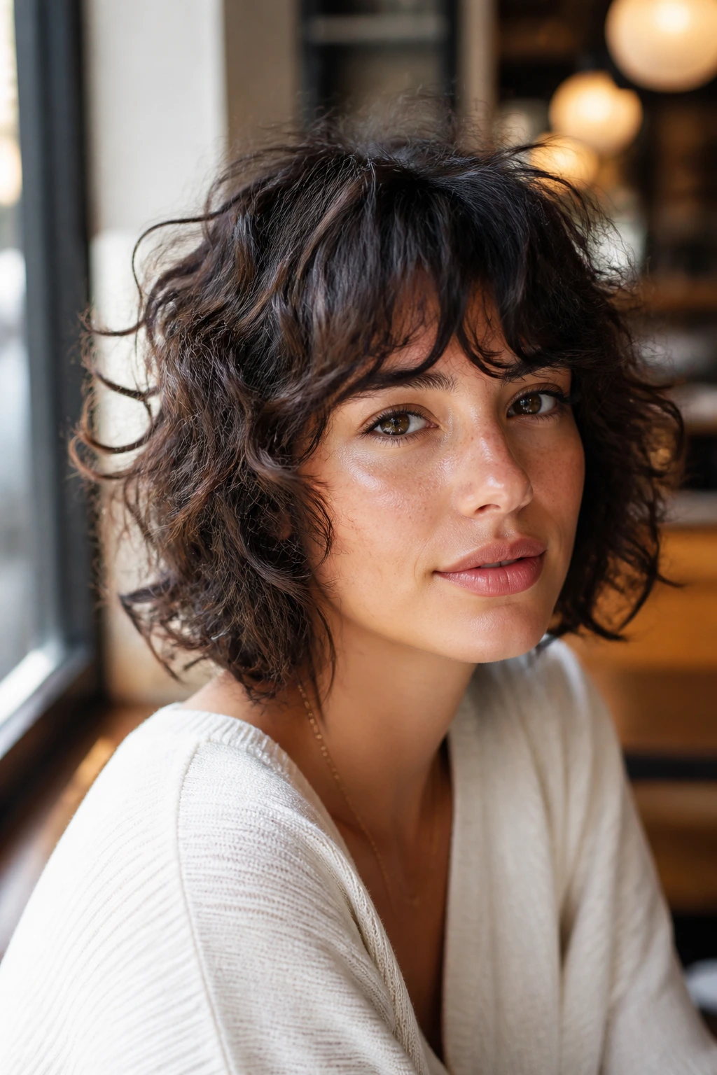 Close-up of a real woman with curly shag bob and soft bangs in a sunlit cafe window