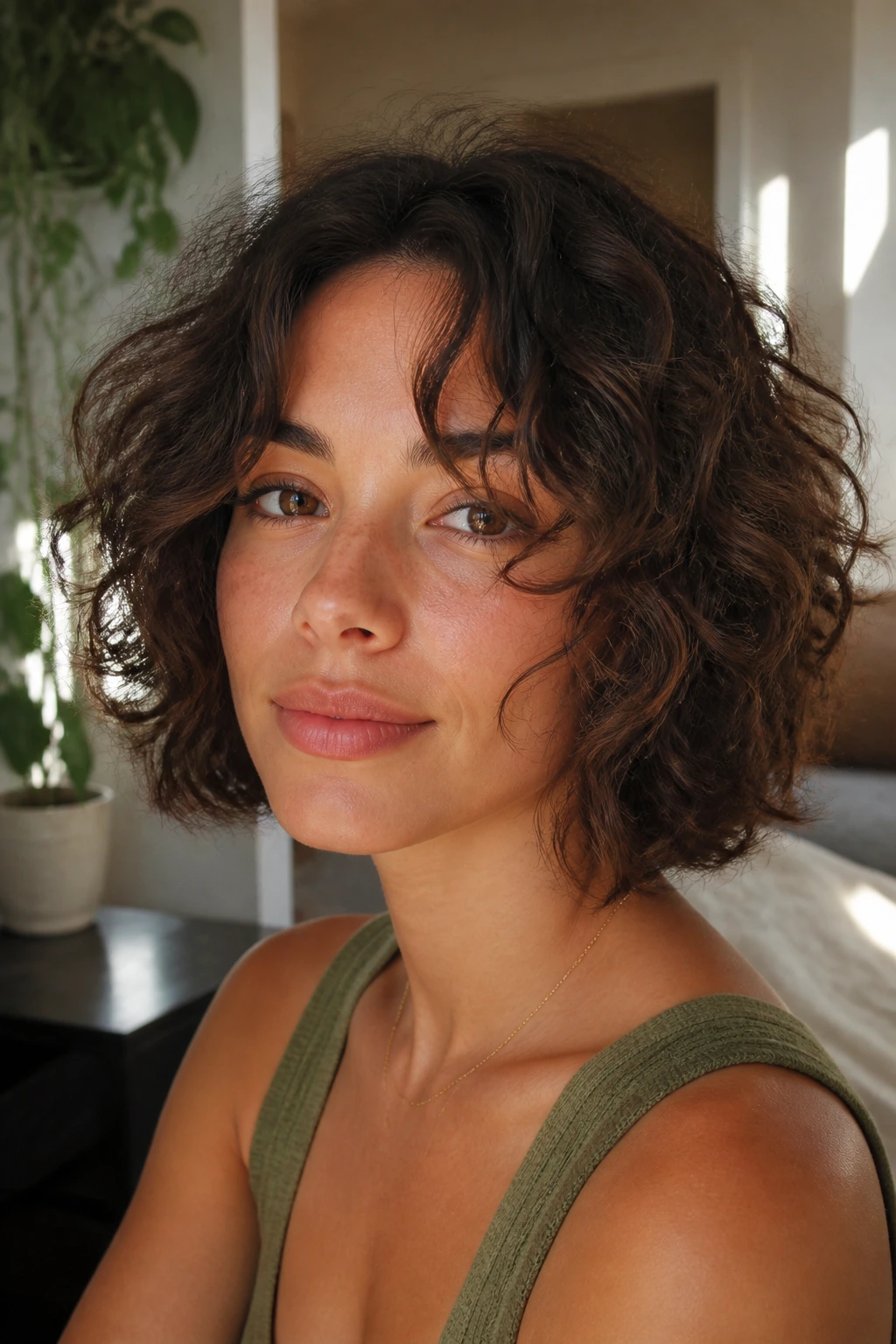 Real woman with curly shag bob and soft middle part.