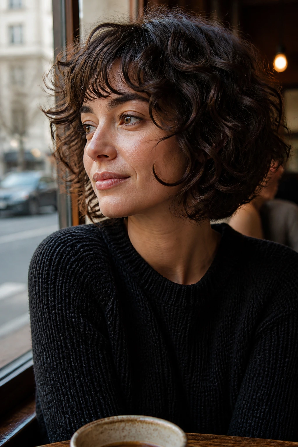 Portrait of a woman with a curly shag bob in natural cafe light
