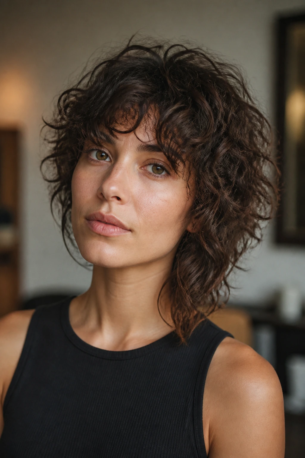 Close-up of a woman with curly shag bob and uneven perimeter.