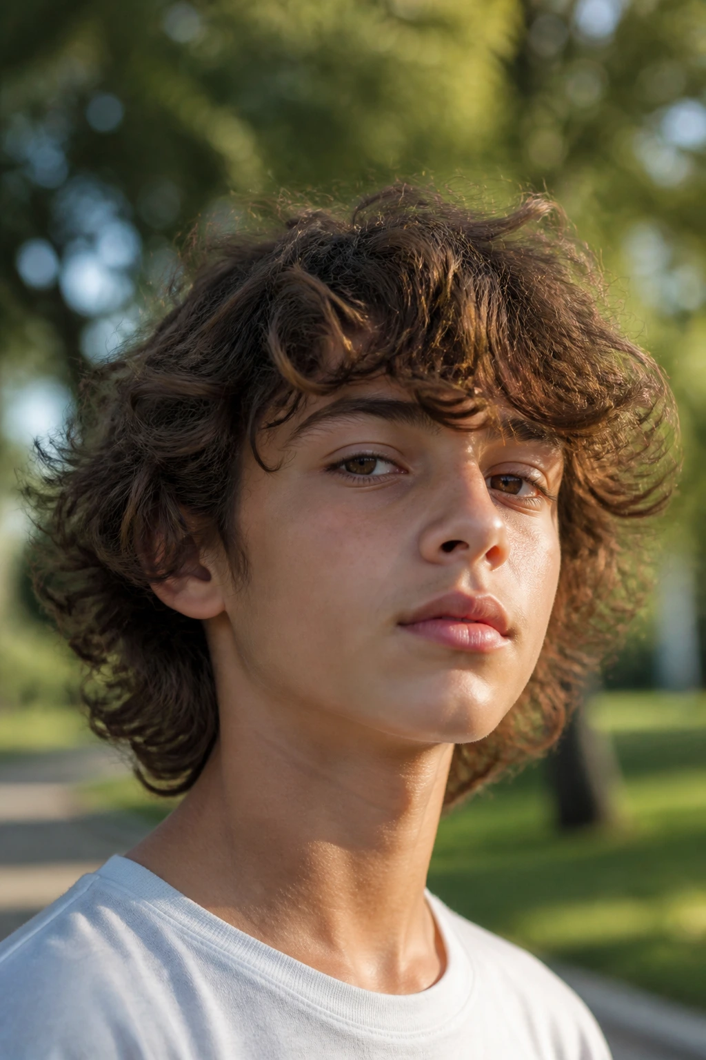 Close-up portrait of a real boy with a curly shag hairstyle
