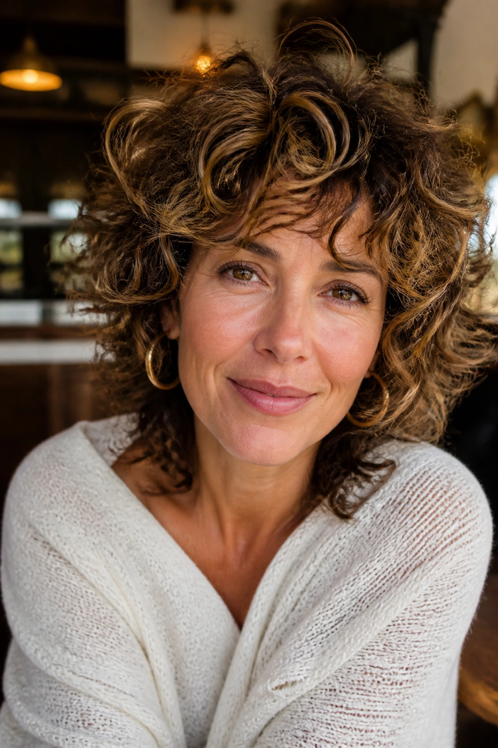 Curly shag hairstyle with caramel crown lowlights.