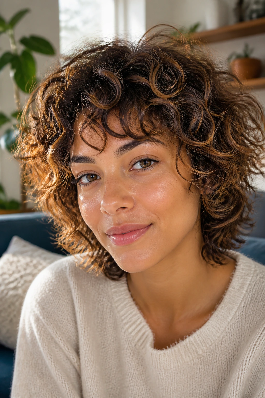 Real woman with curly mini shag and caramel halo around crown
