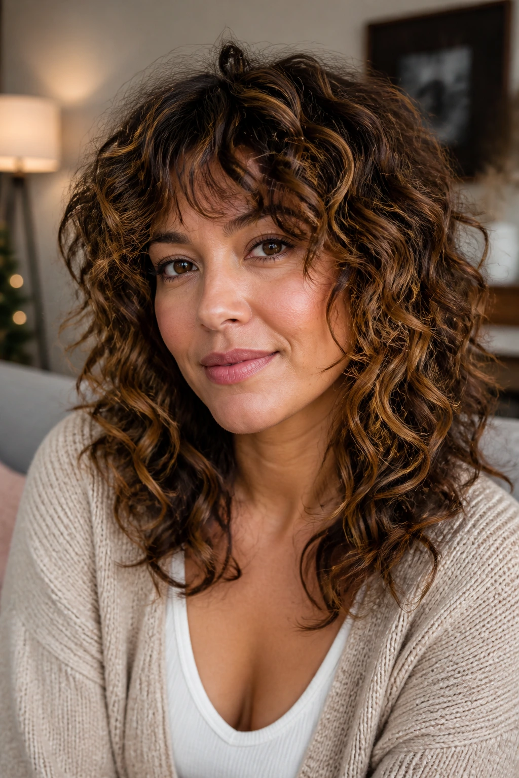 Close-up portrait of a woman with curly shag and caramel ribbons in outer curls