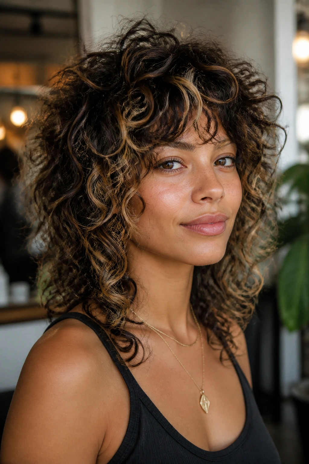 Portrait of woman with curly shag and caramel ribbons