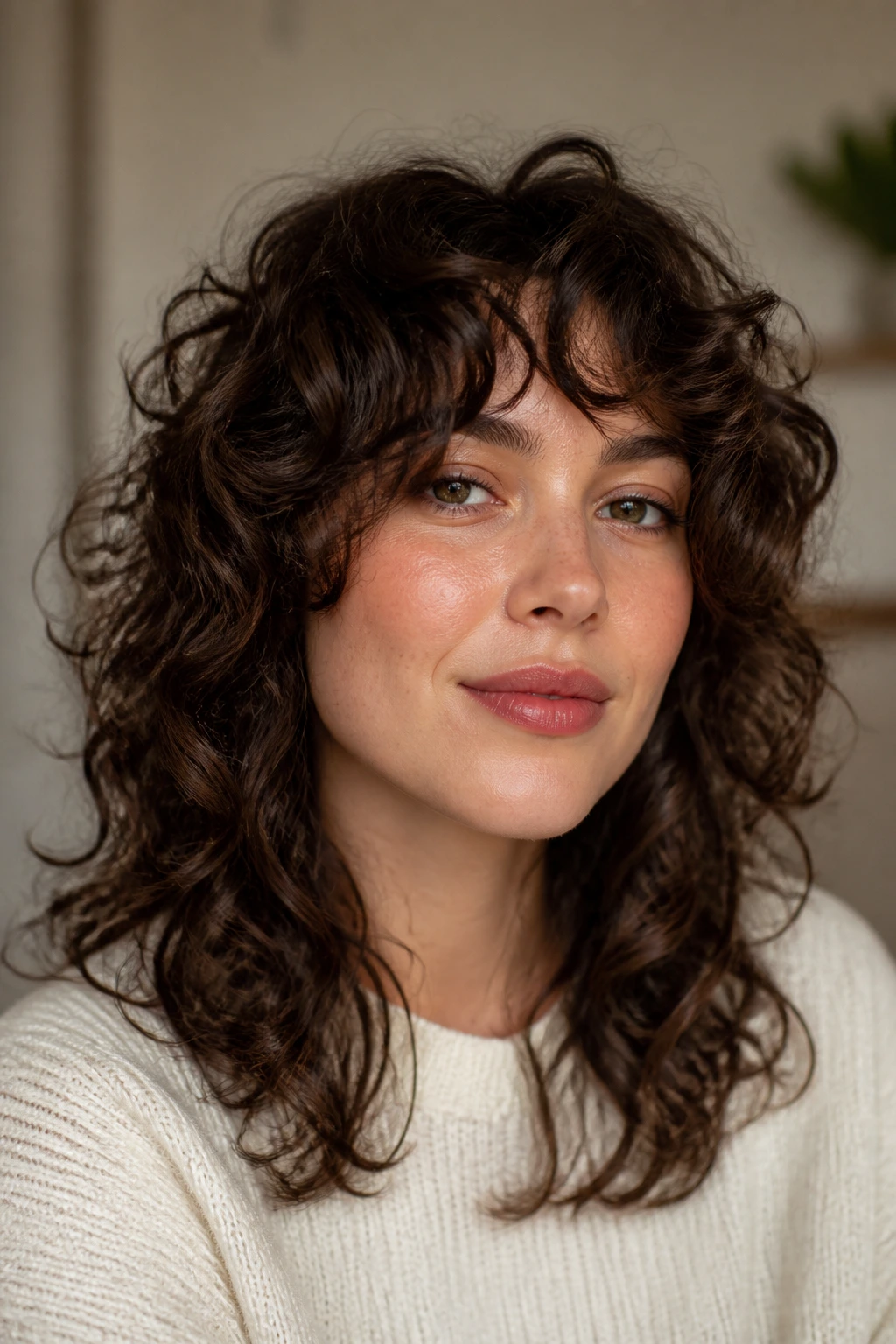Portrait of woman with curly shag and cheekbone fringe