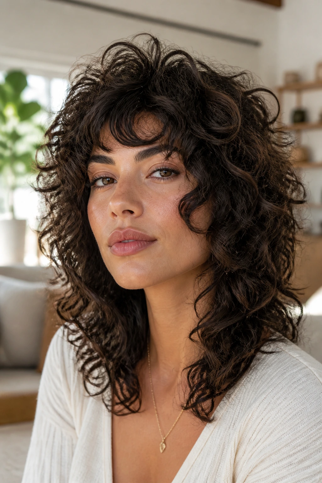 Close-up of a real woman with curly shag and cheekbone layers