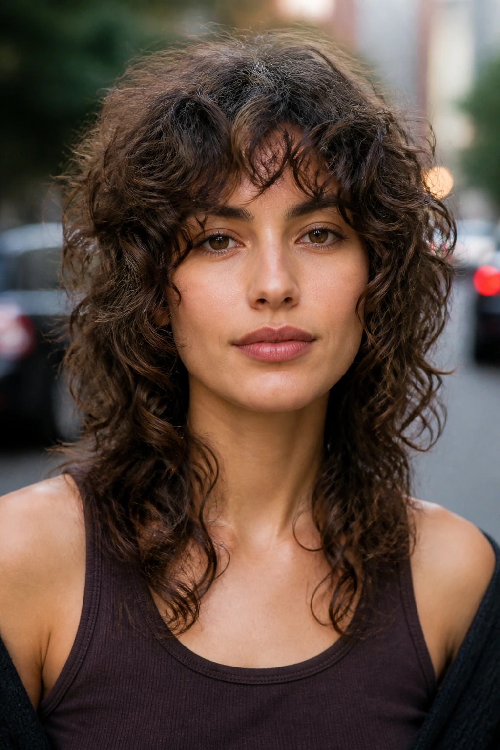 Close-up of real woman with curly shag and cheekbone layers in daylight outside