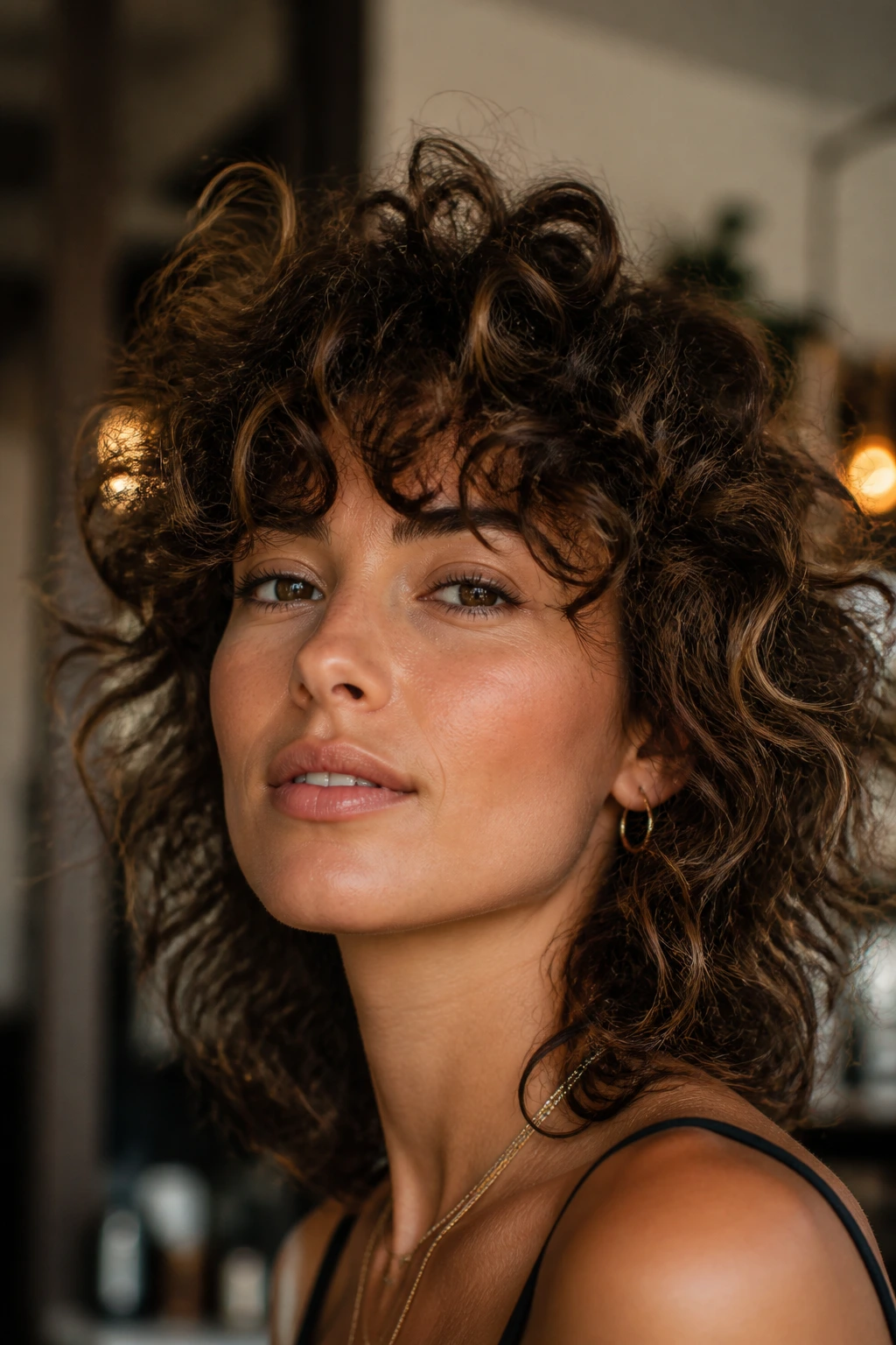 Close-up of cheekbone-emphasizing curly shag on a real person