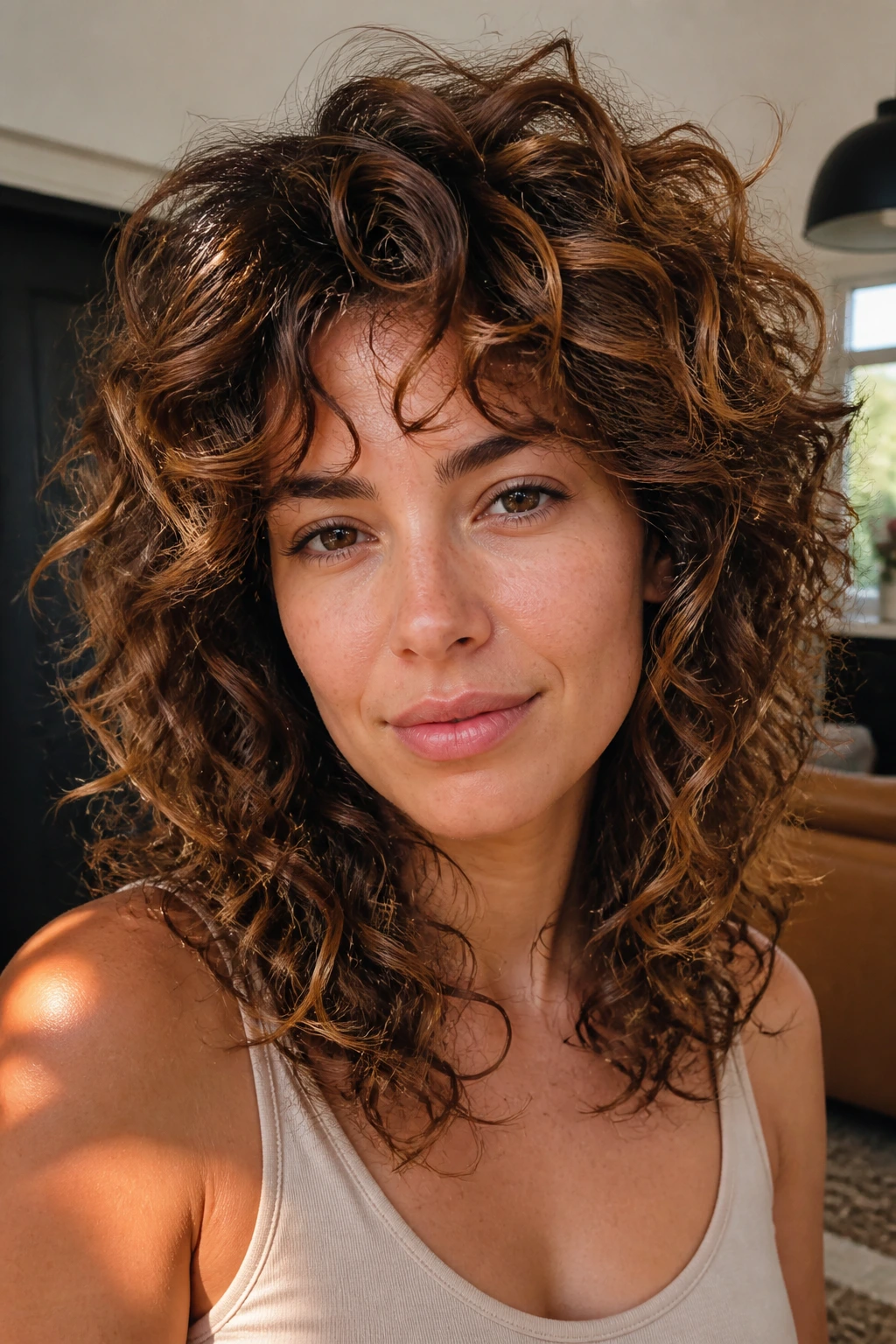 Airy curly shag with cinnamon highlights on real woman