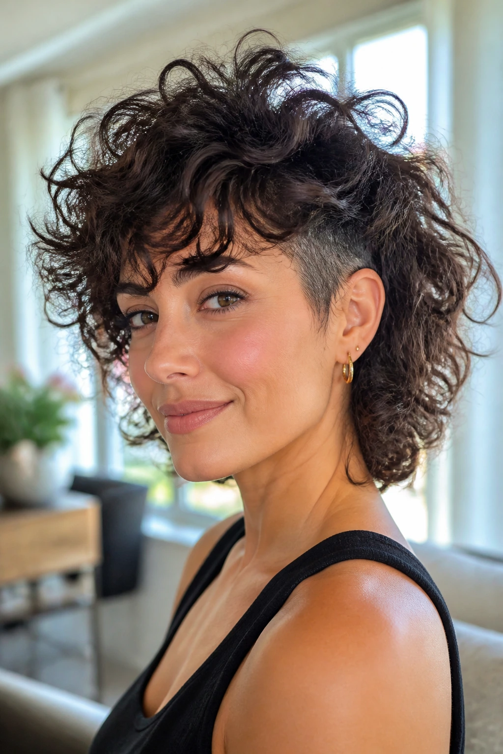 Close-up of a real woman with voluminous curly shag and clipped temples