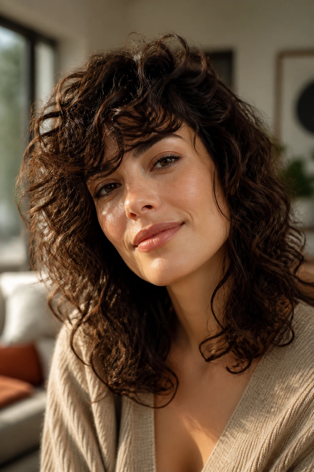 Close-up portrait of a real person with a curly shag and side-swept bangs.