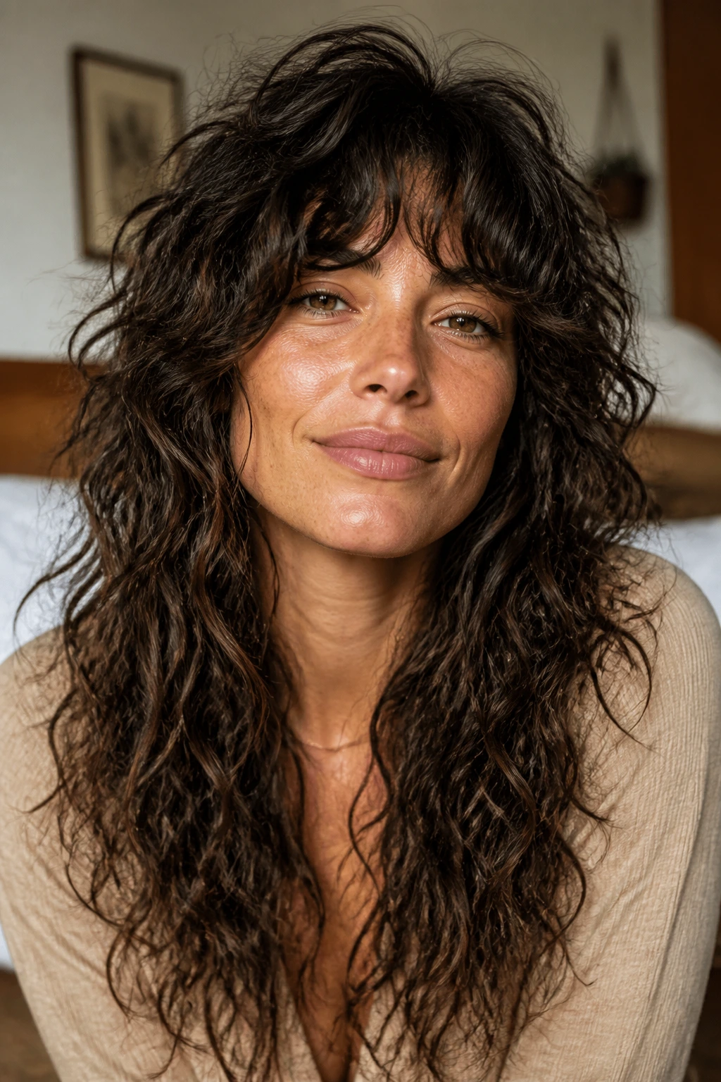 Close-up portrait of a real woman with long layered curly shag hair