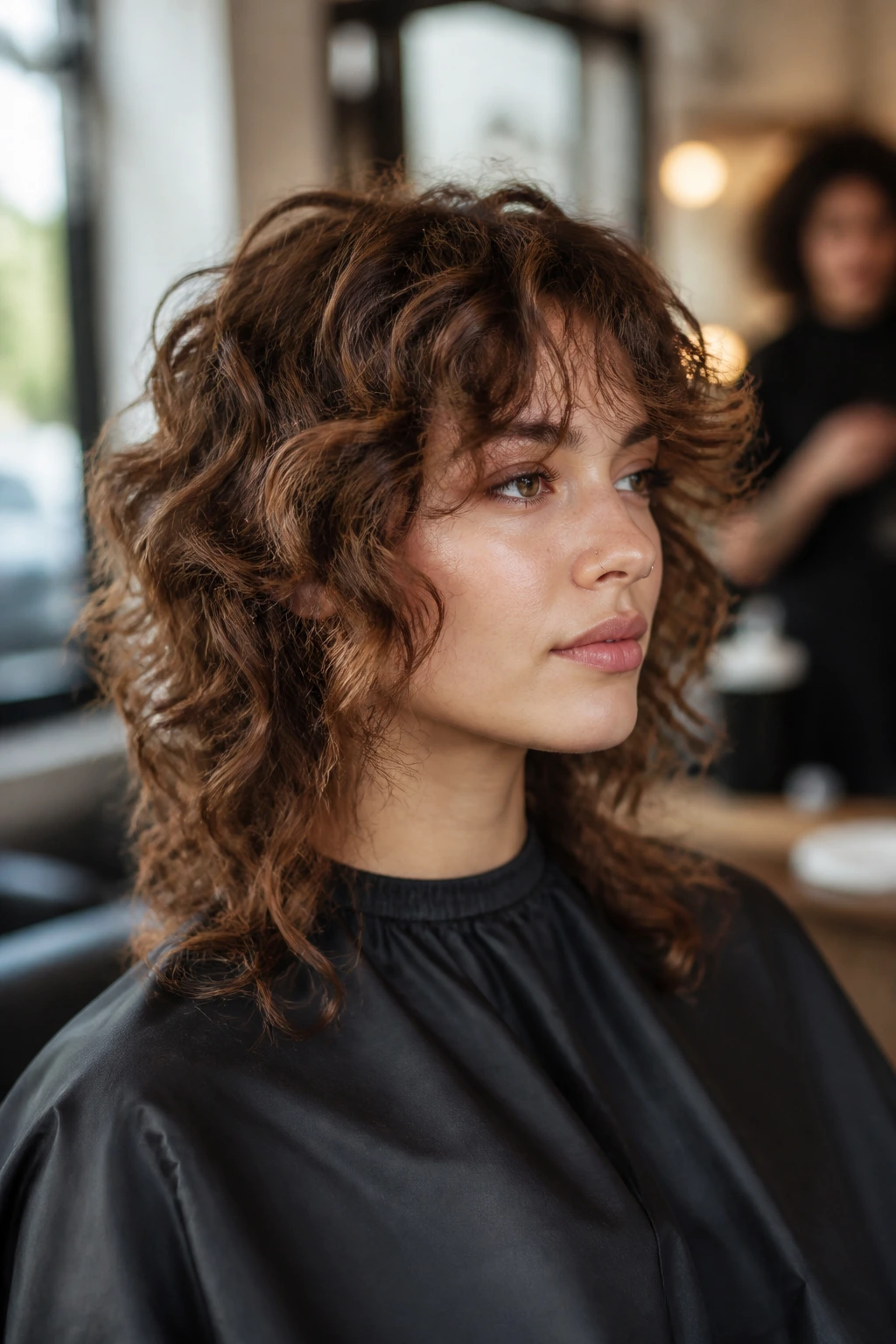 Close-up of a real woman with curly shag and face-framing layers in a salon