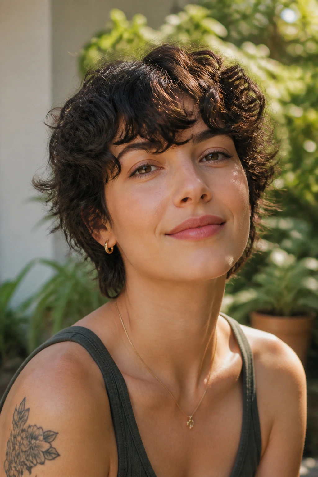 Real person with curly shag crop in a sunlit garden setting
