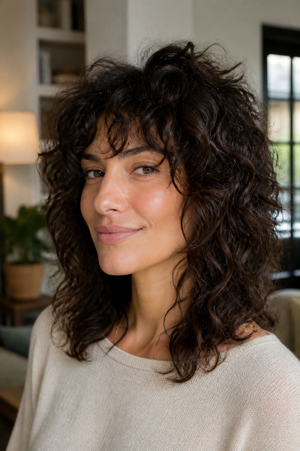 Close-up portrait of a woman with curly shag and lifted crown