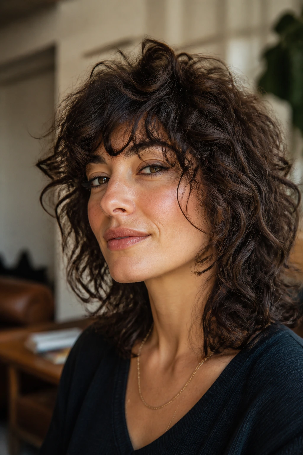 Portrait of a woman with a curly shag and crown-height lift.