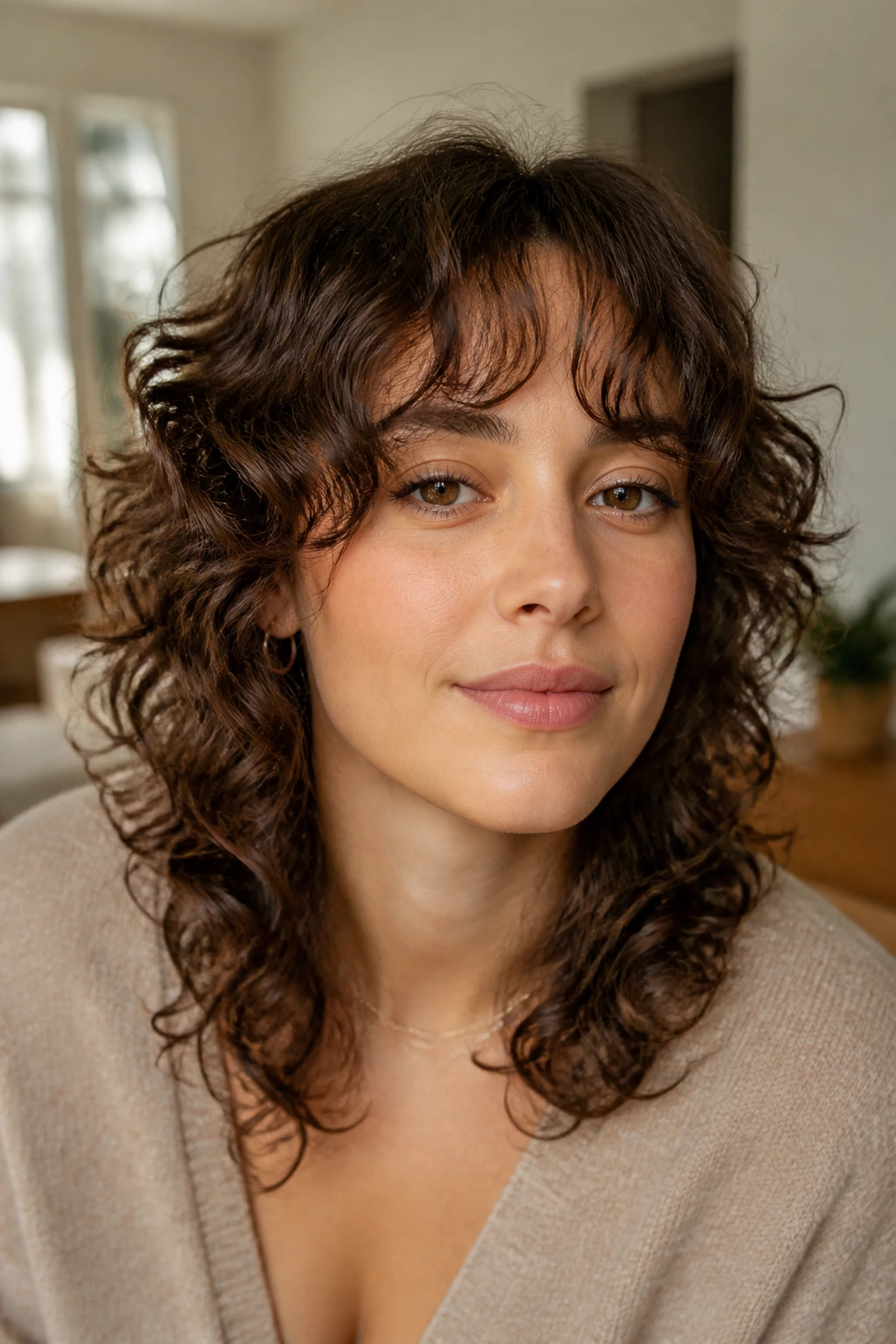 Close-up of a person with a curly shag and curtain bangs