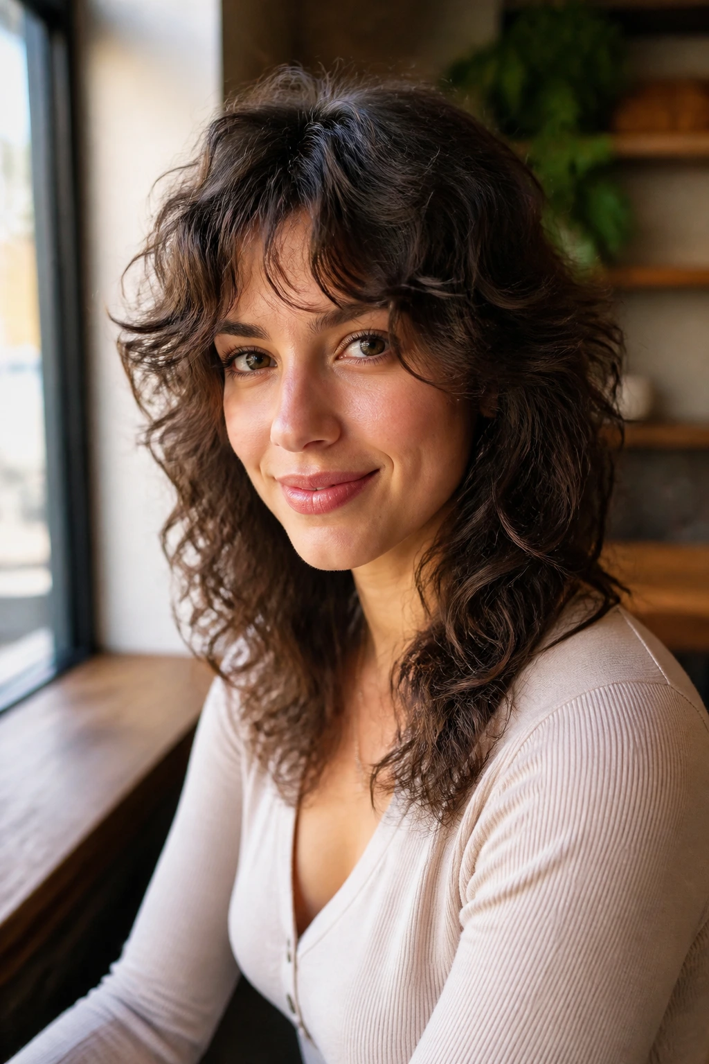 Close-up of a real woman with curly shag and curtain bangs