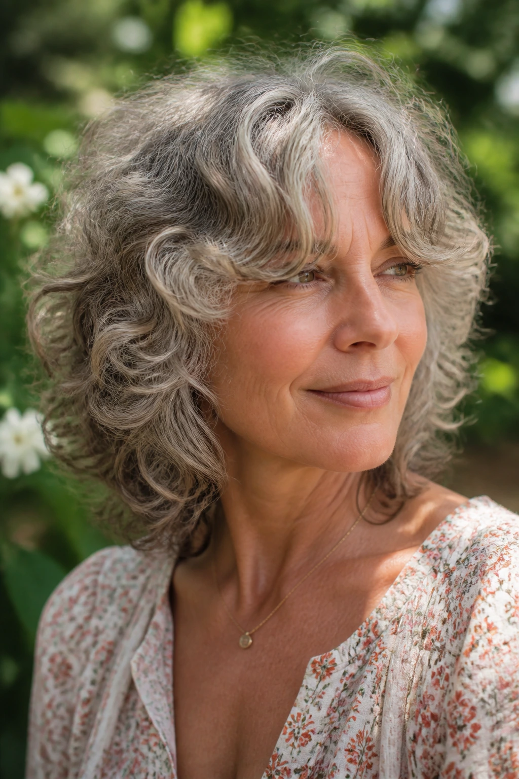 Close-up of a real woman with curly shag and long loosened curtain bangs in a sunlit garden