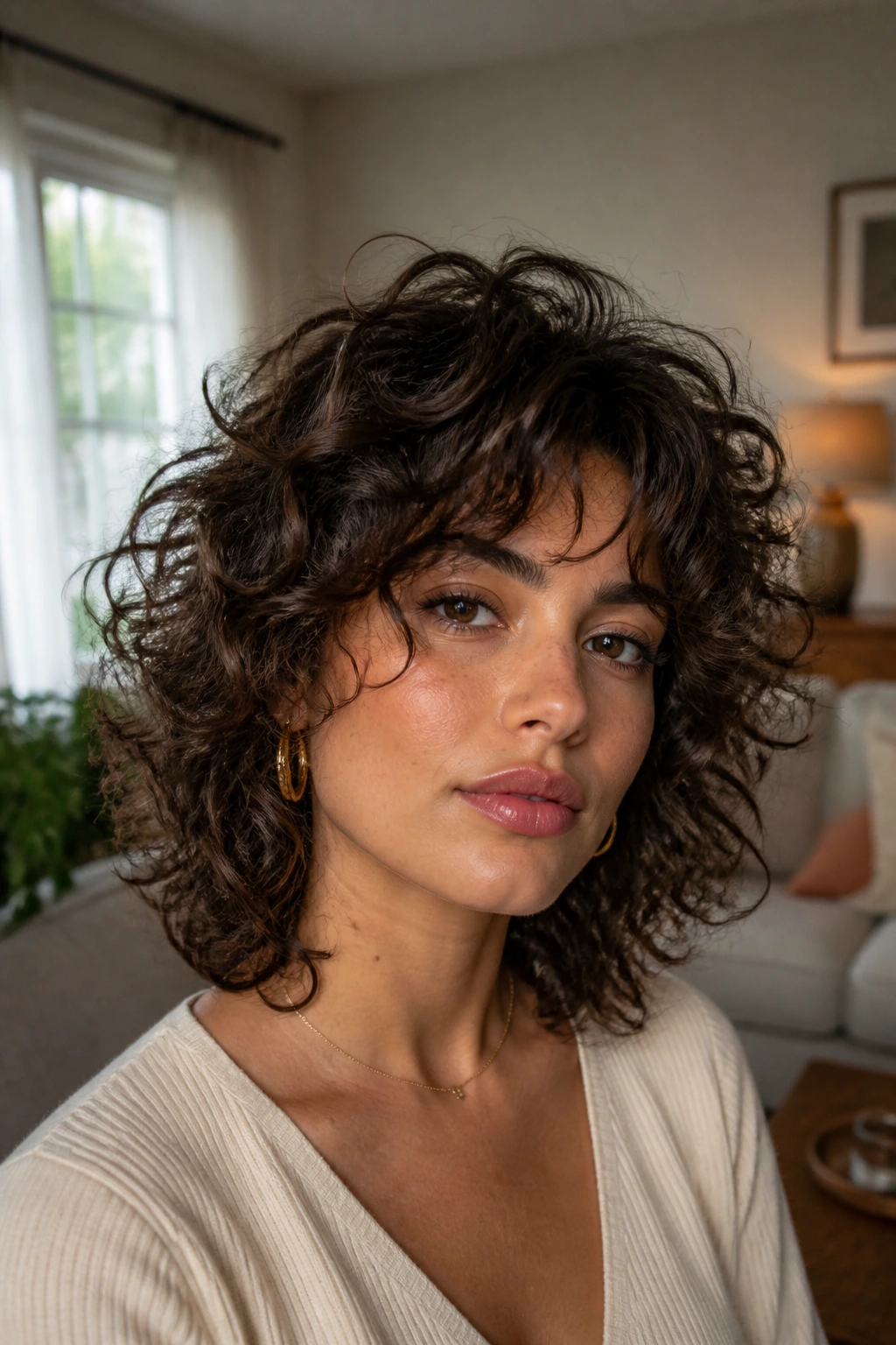 Portrait of a real woman with curly shag and curtain bangs in natural window light