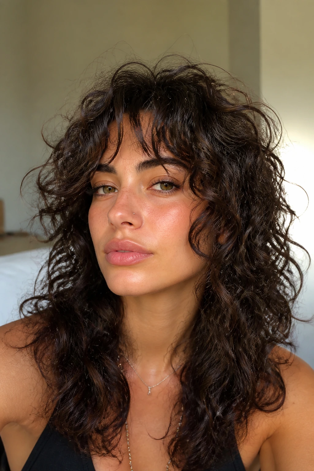 Close-up of a real person with Curly Shag and curtain bangs