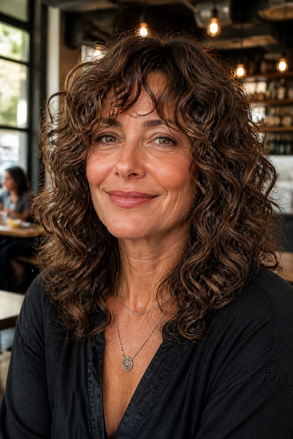 Portrait of a real woman with a curly shag and curtain bangs in an urban cafe setting