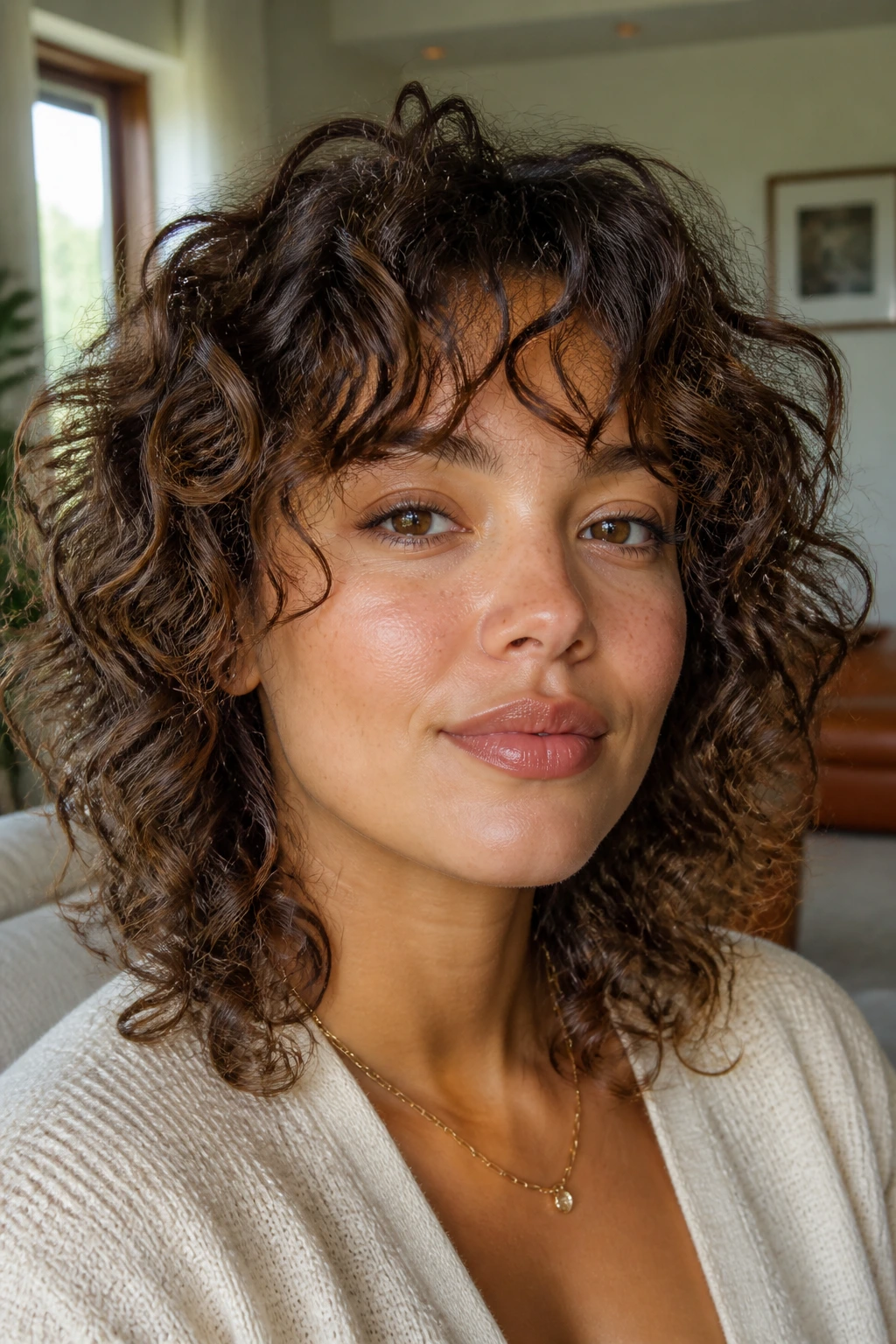 Close-up portrait of a real woman with curly shag and curtain bangs in a warm living room