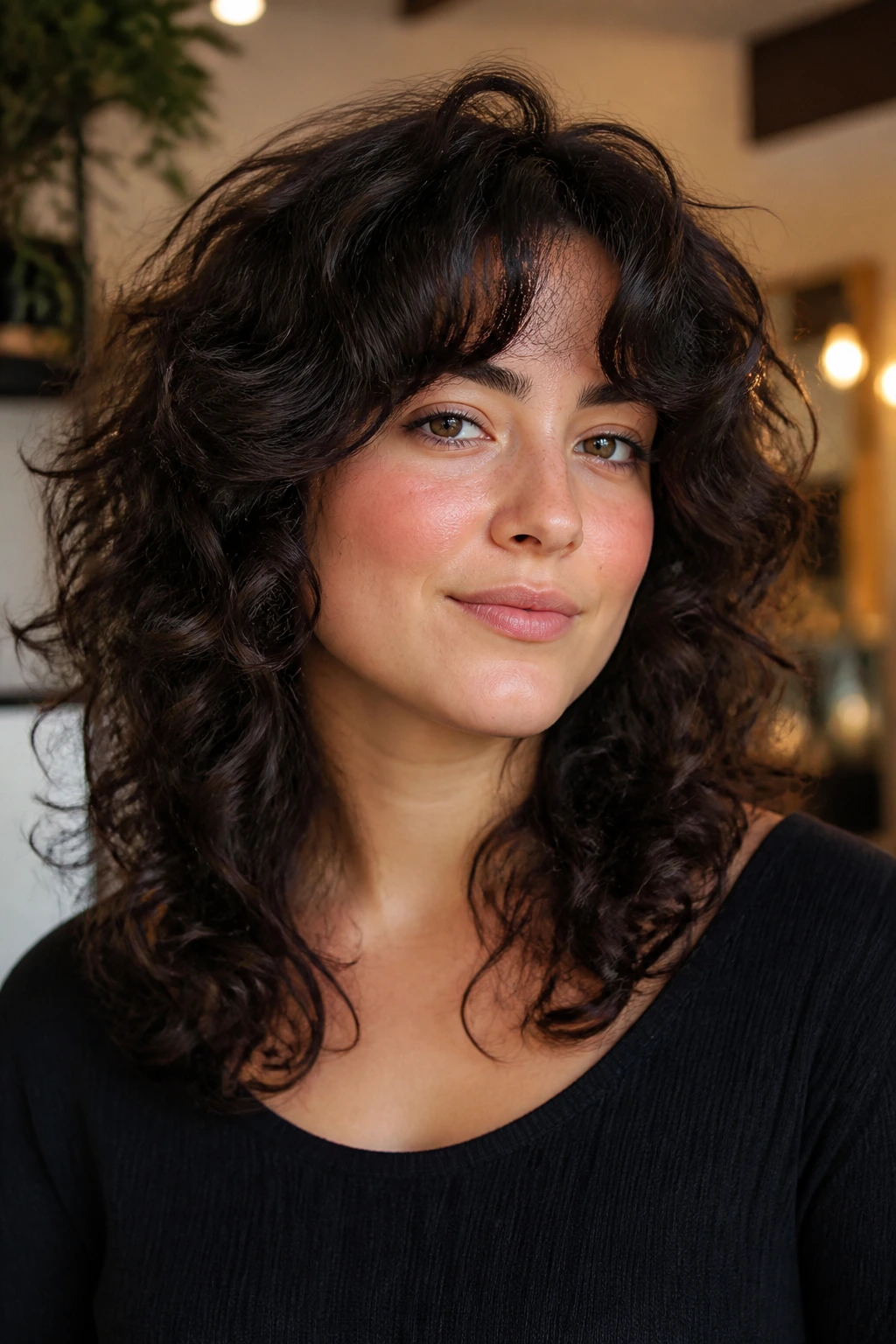 Person with curly shag and curtain bangs