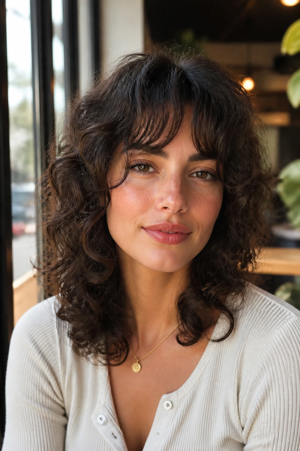 Real woman with rounded curly shag and curtain bangs in cafe daylight