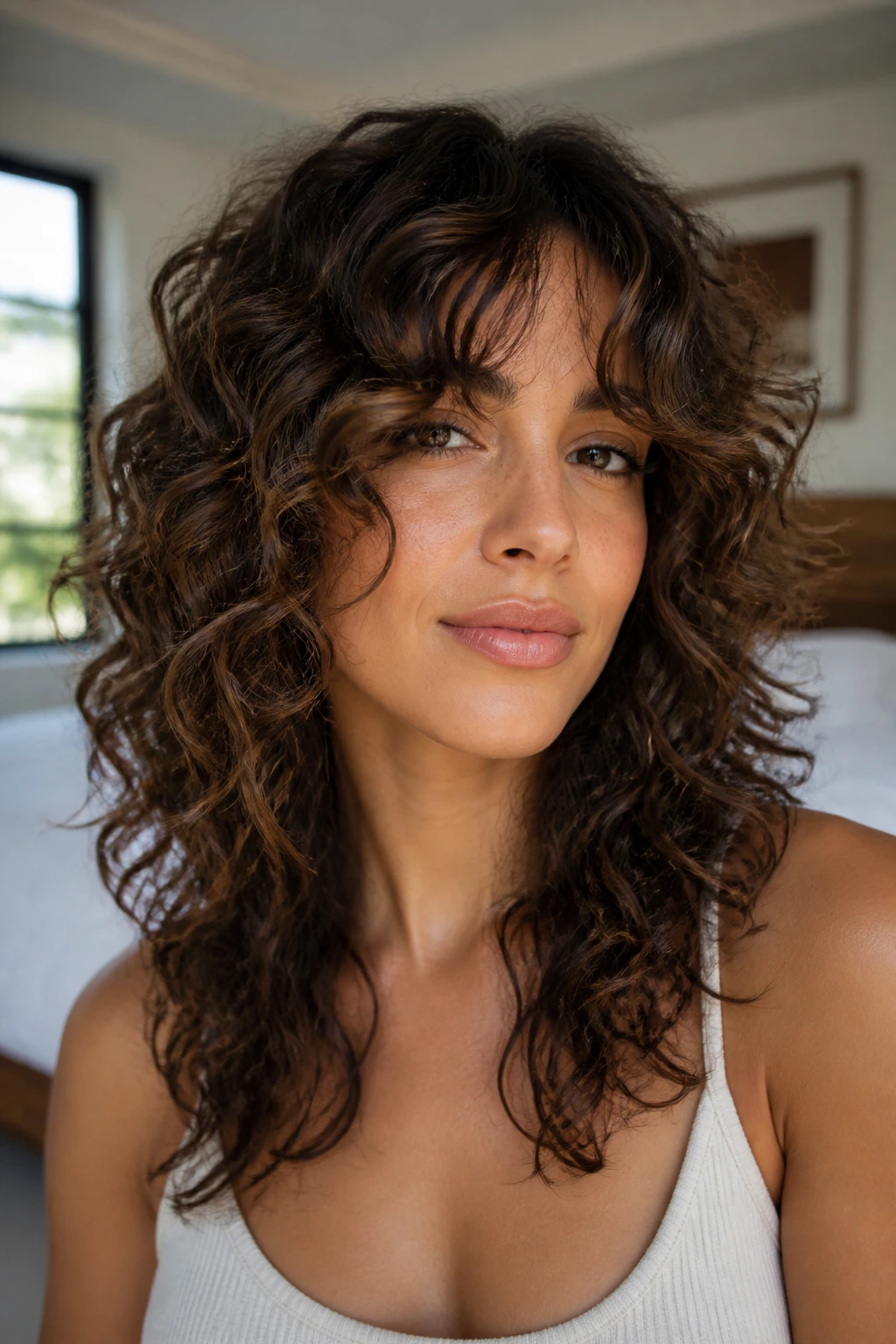 Close-up of real woman with curly shag and curtain bangs