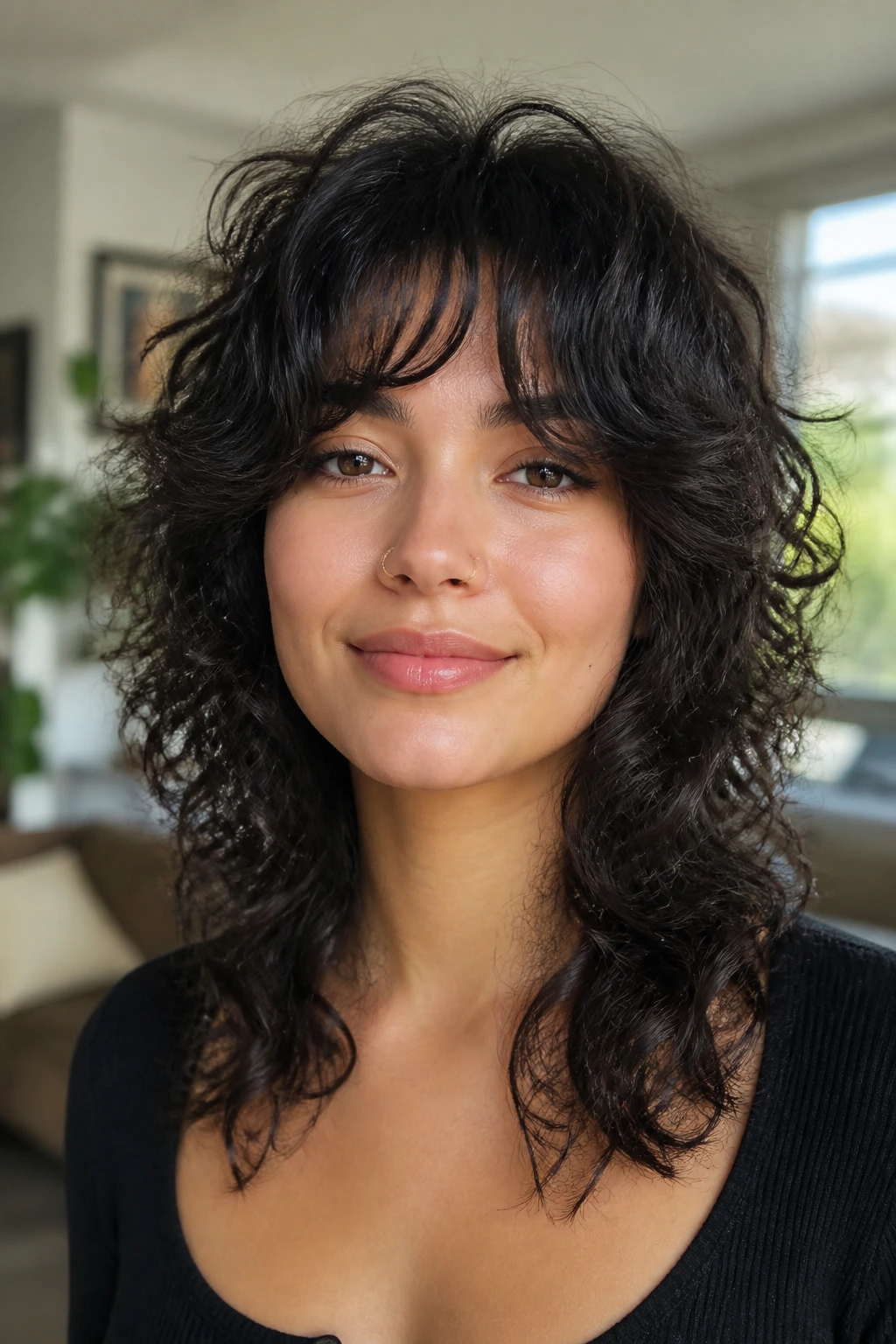 Close-up of a real woman with curly shag and curtain bangs in diffused light