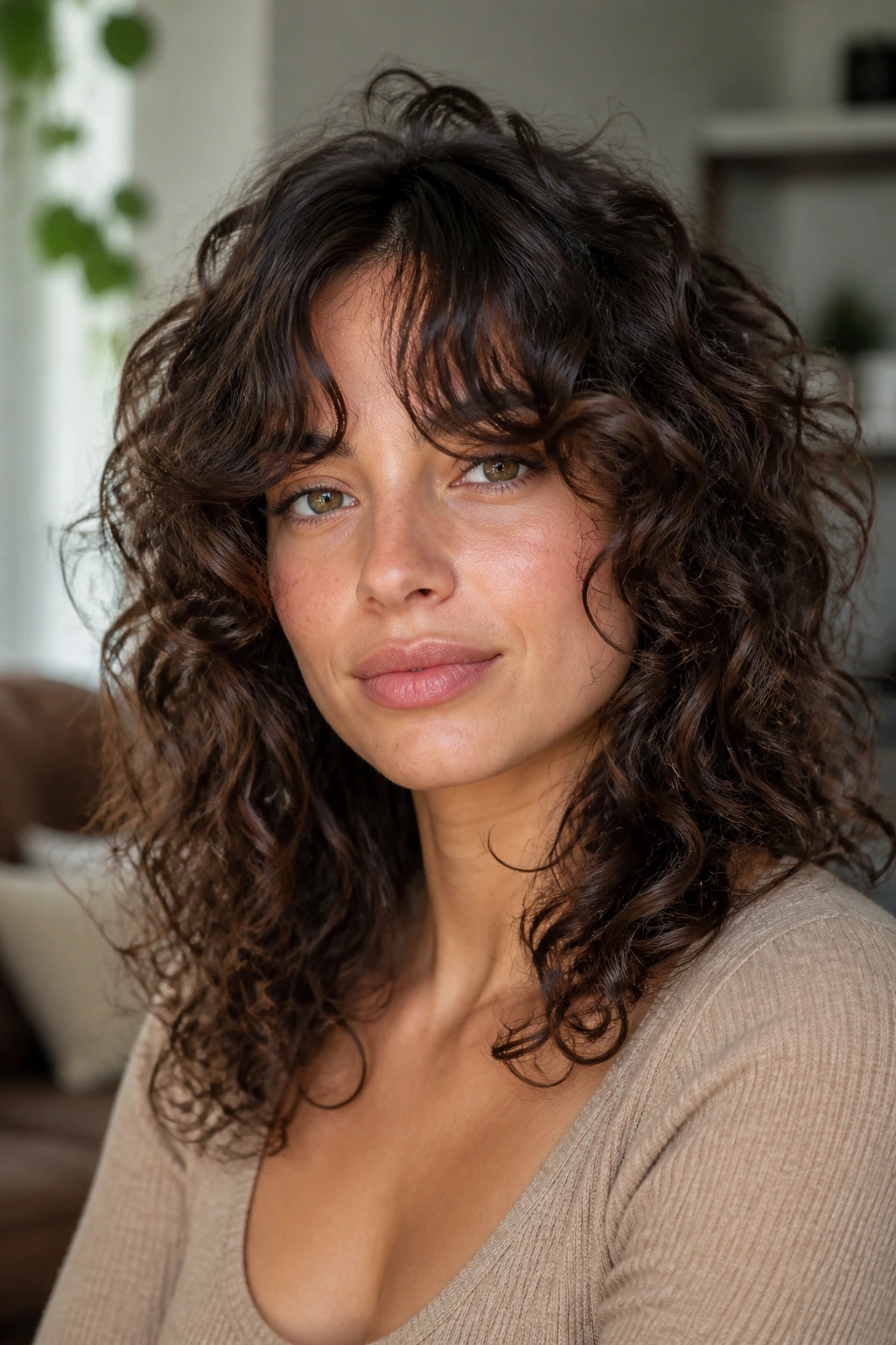Close-up portrait of a woman with a soft curly shag and curtain bangs in warm indoor light.