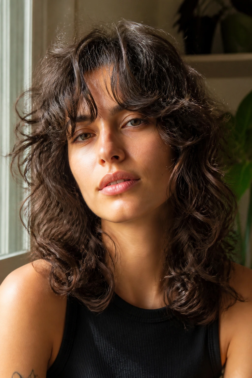 Close-up of a real person with curly shag and curtain bangs in natural window light